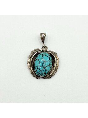 Vintage Native American Navajo Turquoise Pendant 925 Sterling Silver Leaf Design